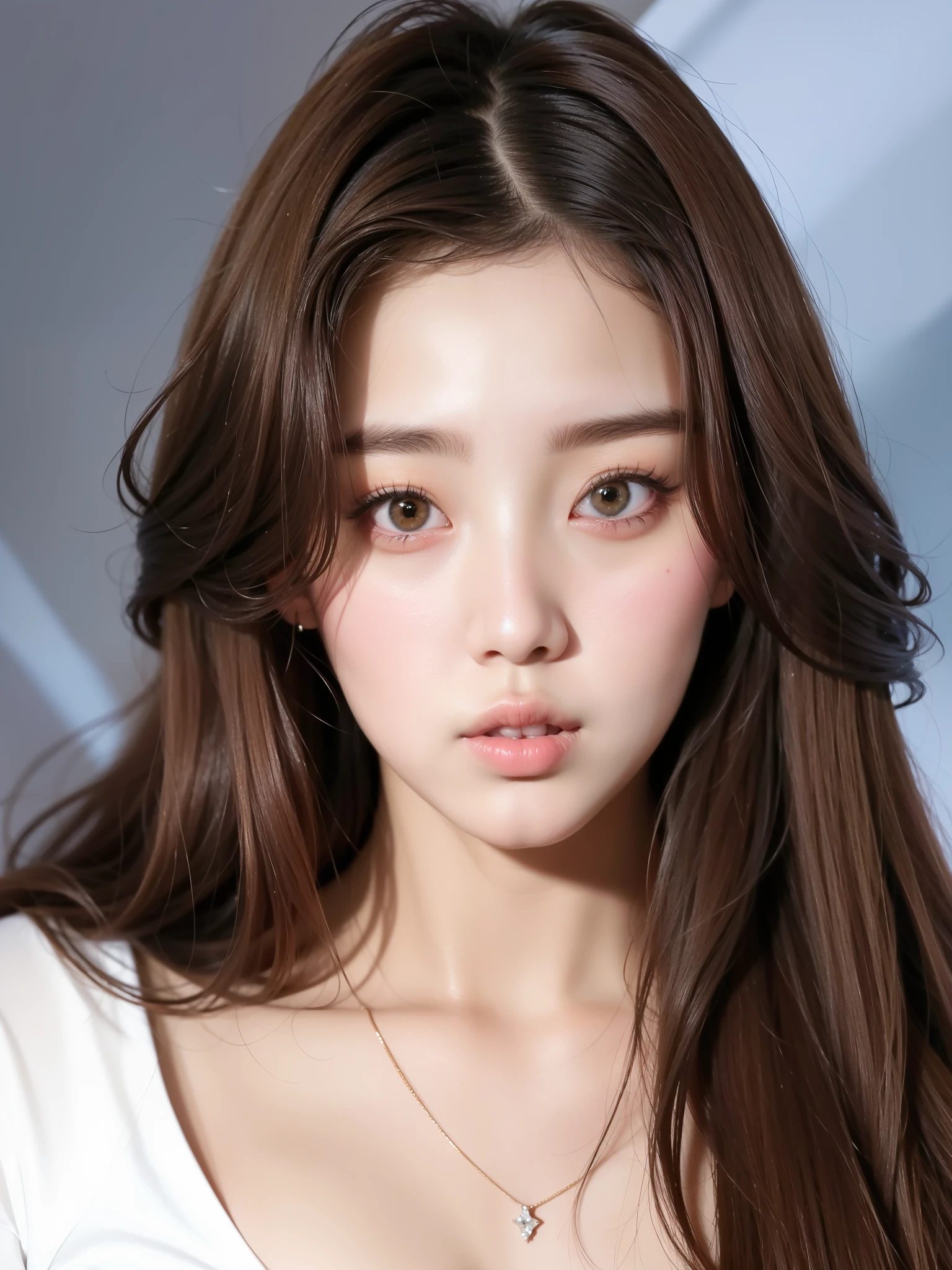 um close up de uma mulher com cabelos longos vestindo uma camisa branca, wonyoung ive, Jaeyeon Nam, Artista coreano, Retrato de Wonyoung ive, Mulher sul-coreana bonita, menina coreana, Portrait of female Korean idol, mulher coreana jovem bonita, maquiagem sul-coreana popular, maquiagem coreana popular, linda mulher coreana jovem, Heonhwa Choe, korean face features