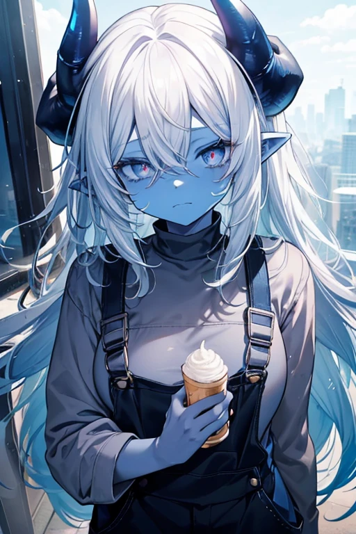 1girl, demon, big black horns, pointy ears, medium long hair, white hair, (messy hair), no eyes, ((hair over eyes)), (overalls), ((((blue skin))
))