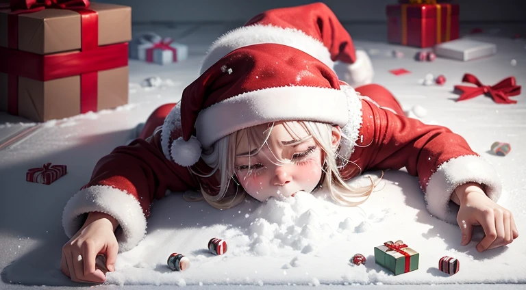 snowfield,Santa Claus crying loudly,Santa Claus full body,Broken gift box,Broken gift boxes all over the floor