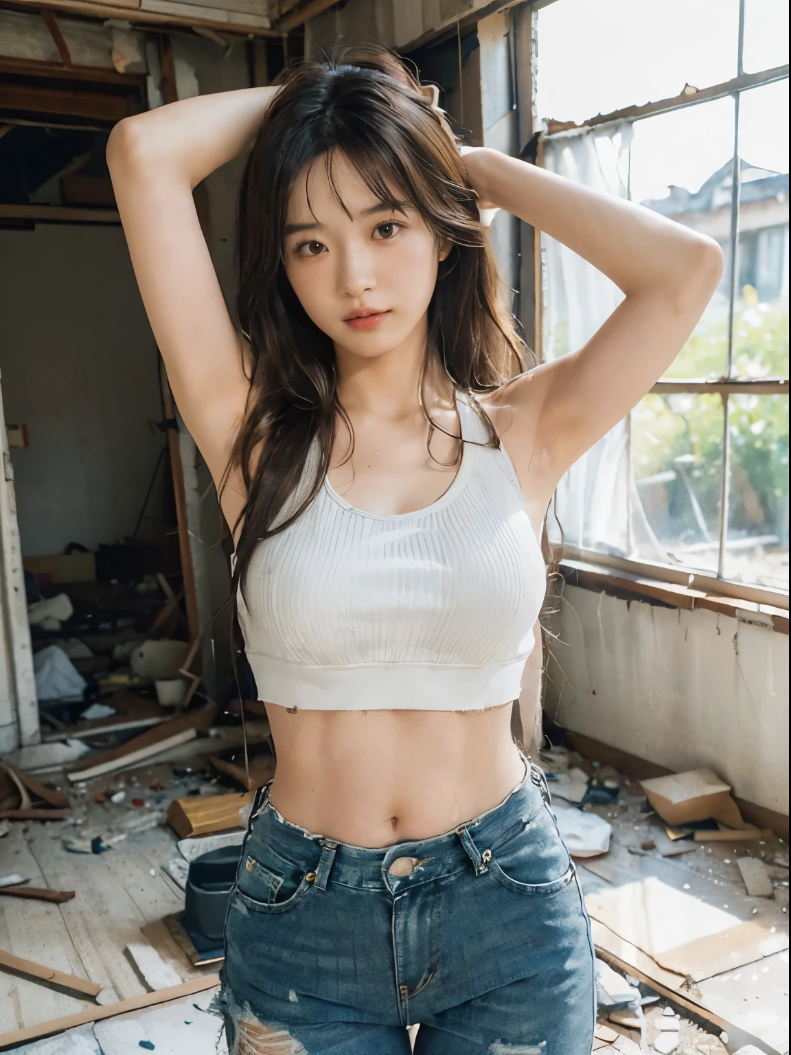 raw photo, 8k, (top-quality), Realistic, (real picture, Intricate details), (natural skin texture, detailed skin, hyper realism, sharpness), (Japanese college girl standing in an abandoned apartment building, hands behind head, armpits exposed, showing armpits), ((white tight tank top, Distressed denim pants, low rise baggy pants)), Fair skin, sweaty skin, ((Wavy long hair, One-length hairstyles)), (emwt, neat face, Parted lips), navel exposed, Room being demolished, dusty room, cracked wall, Messy floor, Pile of rubble:1.3, broken window, cracked Window glass, Hard lighting:1.3, sunset light, Full body shot