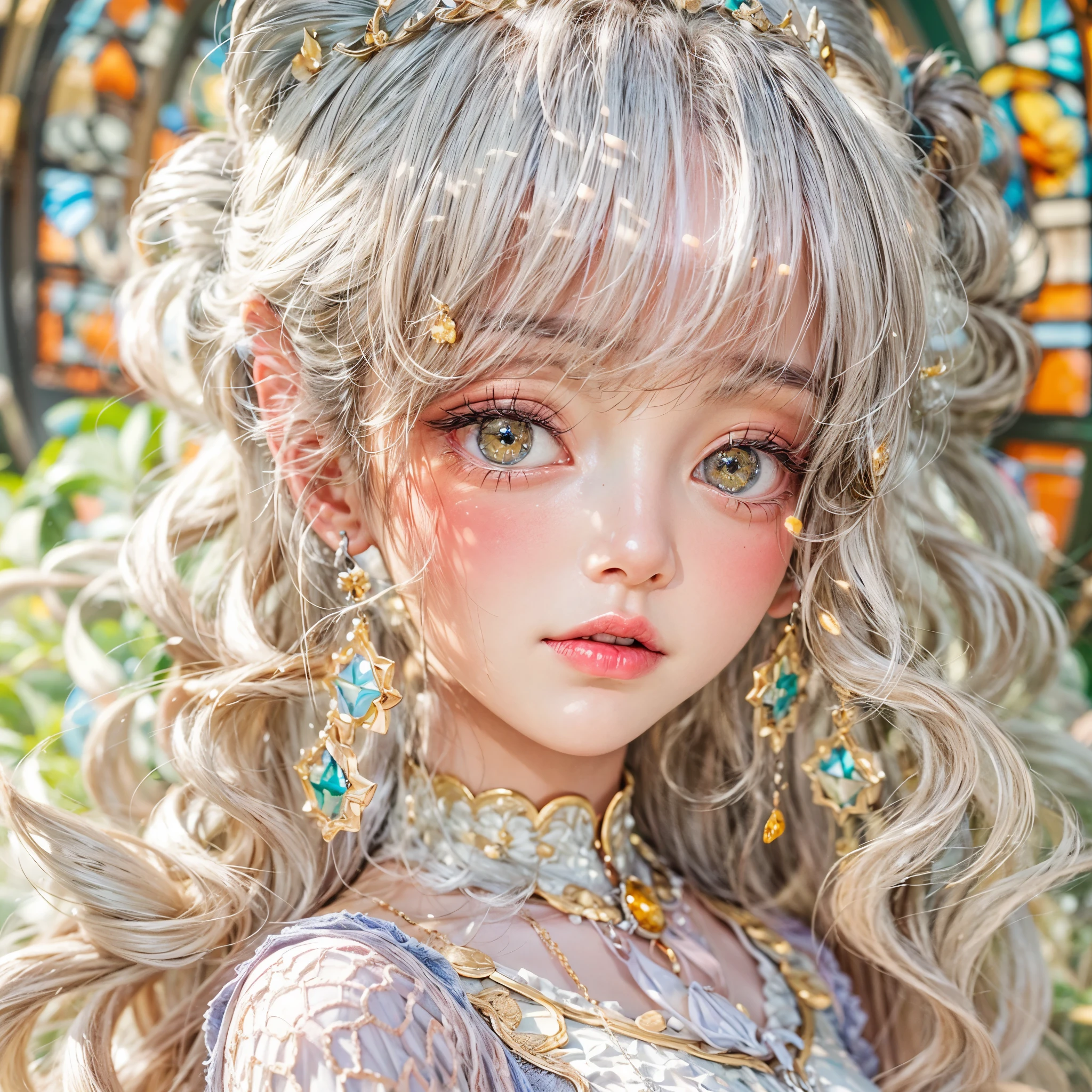 SFW, concept art, Tiny junior idol, Delicate lace knitted white clothes, (nipple:-0.9), (face closeup, (Dazzling stained glass Background)), (((Renbutsu Misako), colorful Light shines through delicate stained glass:1.2, vivid red colors, lense Particle, lens flare, light Particle, Dazzling Halo, Acutance:0.8)). (masterpiece:1.2),(ultra-detailed:1.37),(realistic,photorealistic,photo-realistic:1.37), (Extremely detailed KAWAII face variations, innocent expression variations), rosy cheeks, intricate detailed eyes with sparkling highlights, long eyelashes with volume, subtle blush on the face. Mystic sight, haze, impeccable skin texture, captivating gaze, ((Dynamic-angle, physically-based rendering)), whole Body proportions and all limbs are anatomically accurate .