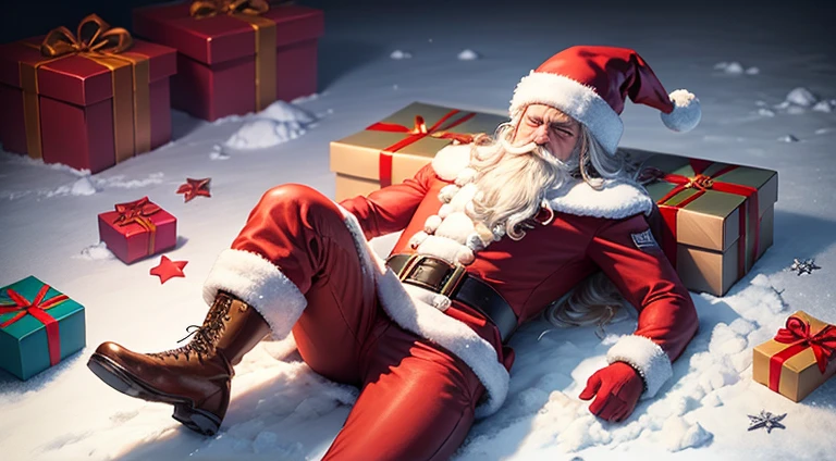 snow field，santa claus cries，Santa Claus full body，Broken gift box，Broken gift boxes all over the floor