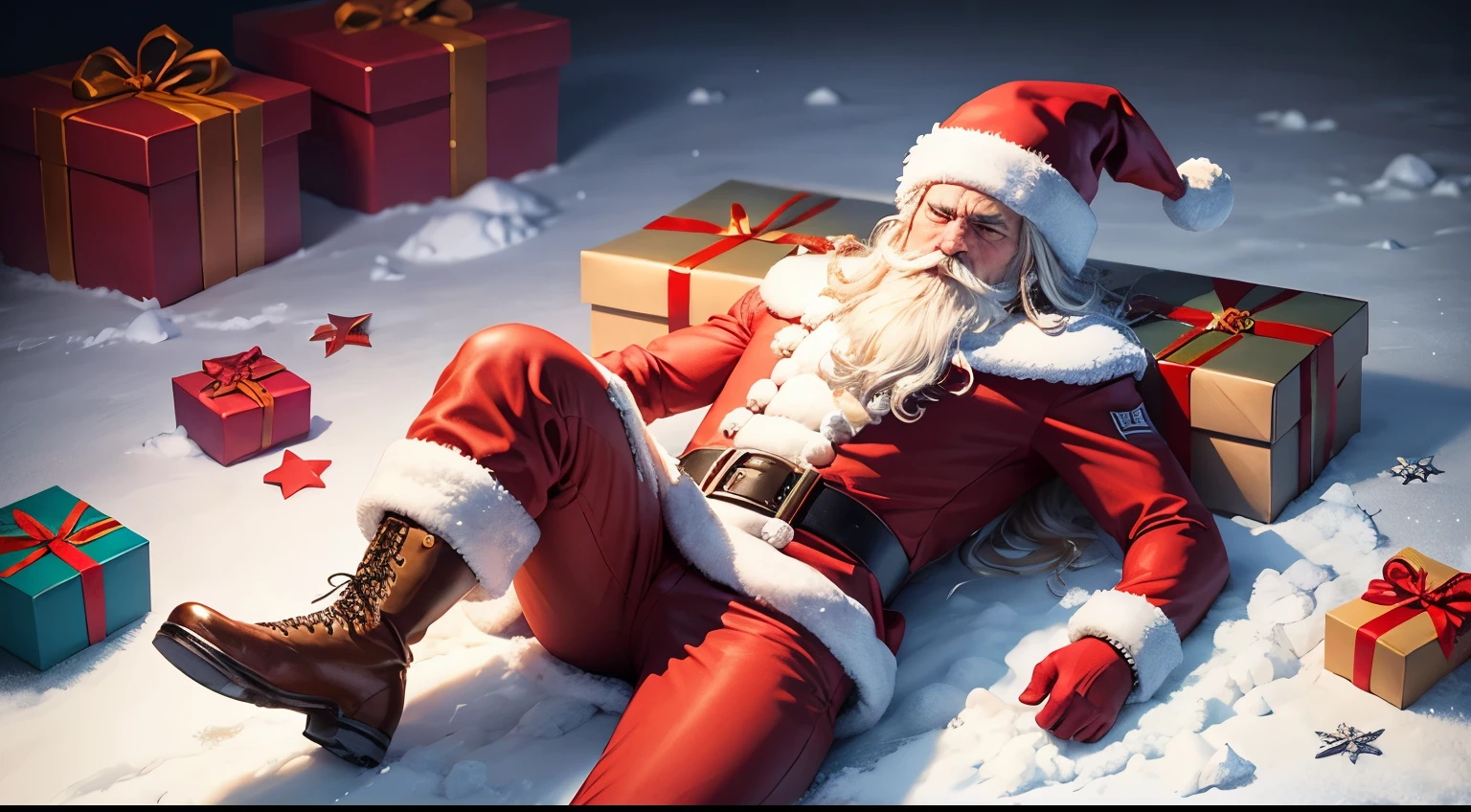 snow field，santa claus cries，Santa Claus full body，Broken gift box，Broken gift boxes all over the floor