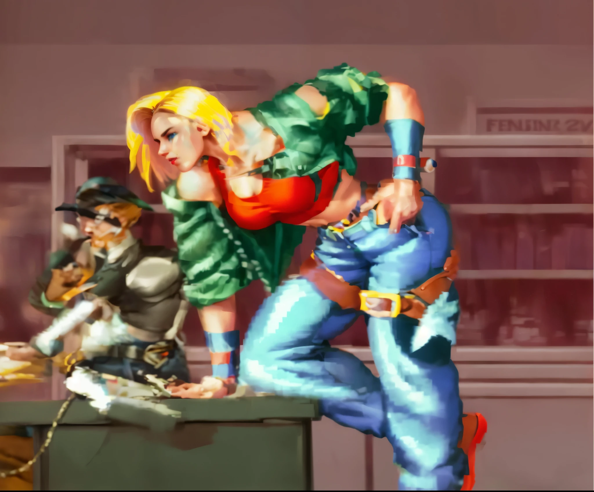 Retro video game, Pixel art, two beautiful women, Chun-Li vs Cammy, Both of fight, (Chun-Li:1.2,brown hair,Bun Hair on both sides of the head,Bun cover,lipstick,makeup,She is wearing a blue china dress,gold trim,Blue cheongsam with side slits,puffy sleeves,short sleeves,side slit,cross-laced footwear,pantyhose,pelvic curtain,spiked bracelet,white footwear). (Cammy White:1.2,light skin,blue eyes,and long blonde hair styled in two braids,She is wearing a red Beret,green leotard,red fingerless gloves,black combat boots). 
BREAK, fighting games screen, Stick butt out and throws a punch, masterpiece, ultra high resolution, best quality, perfect anatomy, perfect proportions, Accurate limbs, accurate finger, Digital photograph, Ultra-high quality