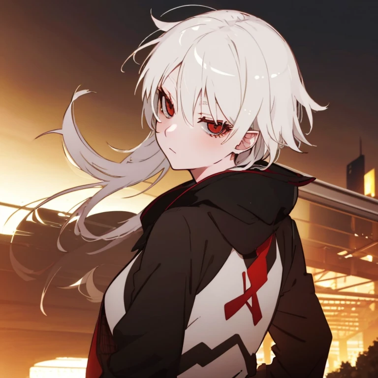 1male people，Detailed details，Ultra-detailed，White hair，Red eyes，Looking back，Face Up