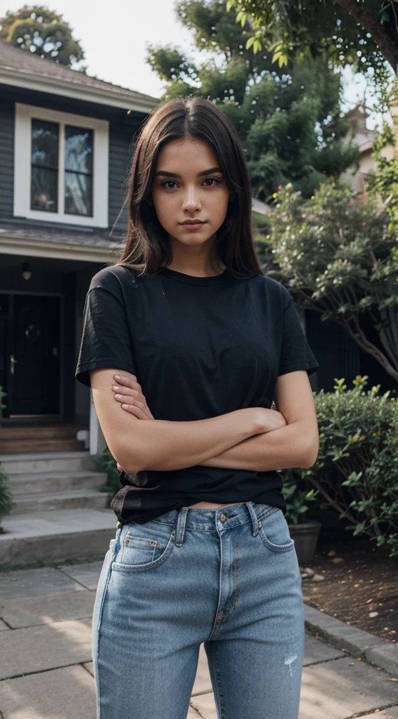 a girl standing in-front of the house wearing black t-shirt and blue denim, casual yet stylish and effortless, party glamour