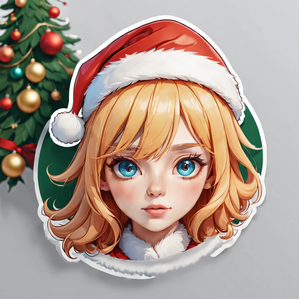 (a sticker,),(3D anime santa hat girl),bright colored hair,Slim, ellegance, There is also a touch of mystery.(In circlerown background), (Christmas border),, ultra - detailed, Detailed diagram, vectorized, 8K, 专业a sticker设计, Graphic design, vector lines, a sticker, Full-HD