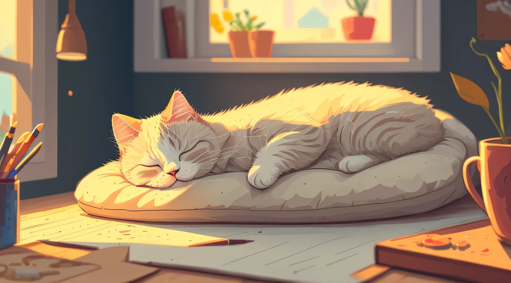 (masterpiece, best illustration, no humans), 1 fat cute cat sleeping, comfy, highly detailed, 4k, 8k, pixel,pixel art,