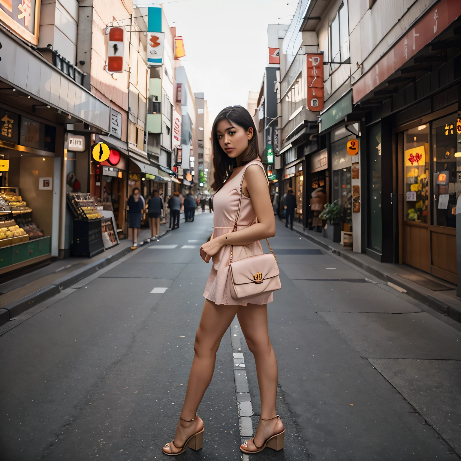 A Asian girl in bodycon dress of peach colour and holding an expensive bag of gucci , camera angle : front full body shot , background: walking street of down town japan , realistic , pop colour, cinematic view angle wide angle, pose: cross leg.