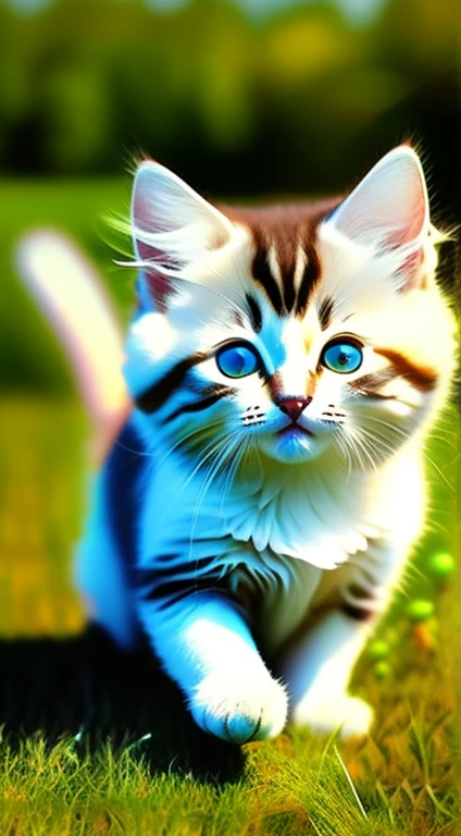 Photo of a big-eyed white-haired kitten in a field inside a huge bubble, Shaggy,fluffly,encapsulation