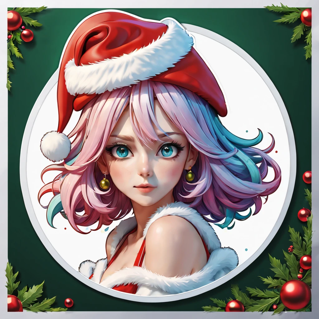 (a sticker,),(3D anime santa hat girl),bright colored hair,Slim, ellegance, There is also a touch of mystery.(In circles), (Christmas background), (white border frame),, ultra - detailed, Detailed diagram, vectorized, 8K, 专业a sticker设计, Graphic design, vector lines, a sticker, Full-HD