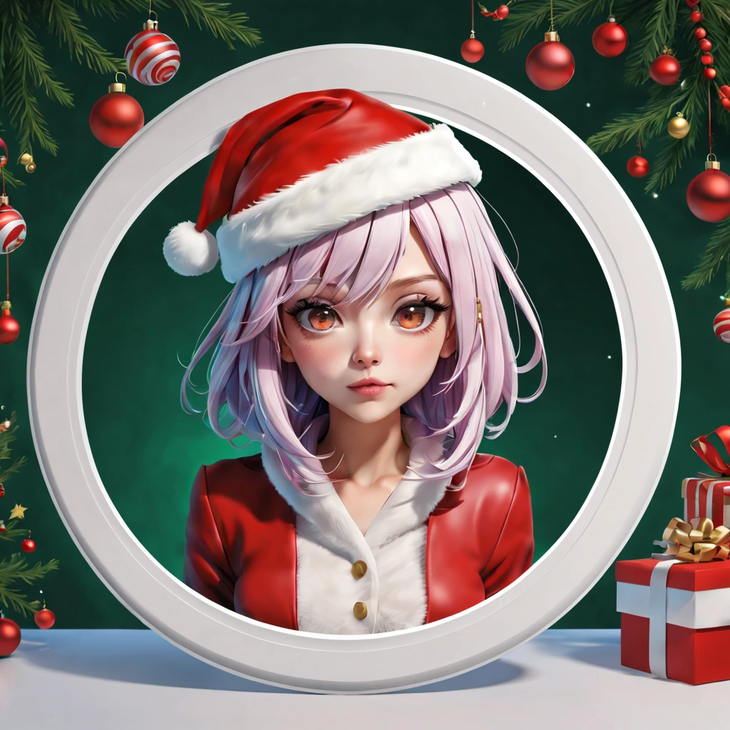 (a sticker,),(3D anime santa hat girl),bright colored hair,Slim, ellegance, There is also a touch of mystery.(In circles), (Christmas background), (white border frame)，, ultra - detailed, Detailed diagram, vectorized, 8K, 专业a sticker设计, Graphic design, vector lines, a sticker, Full-HD