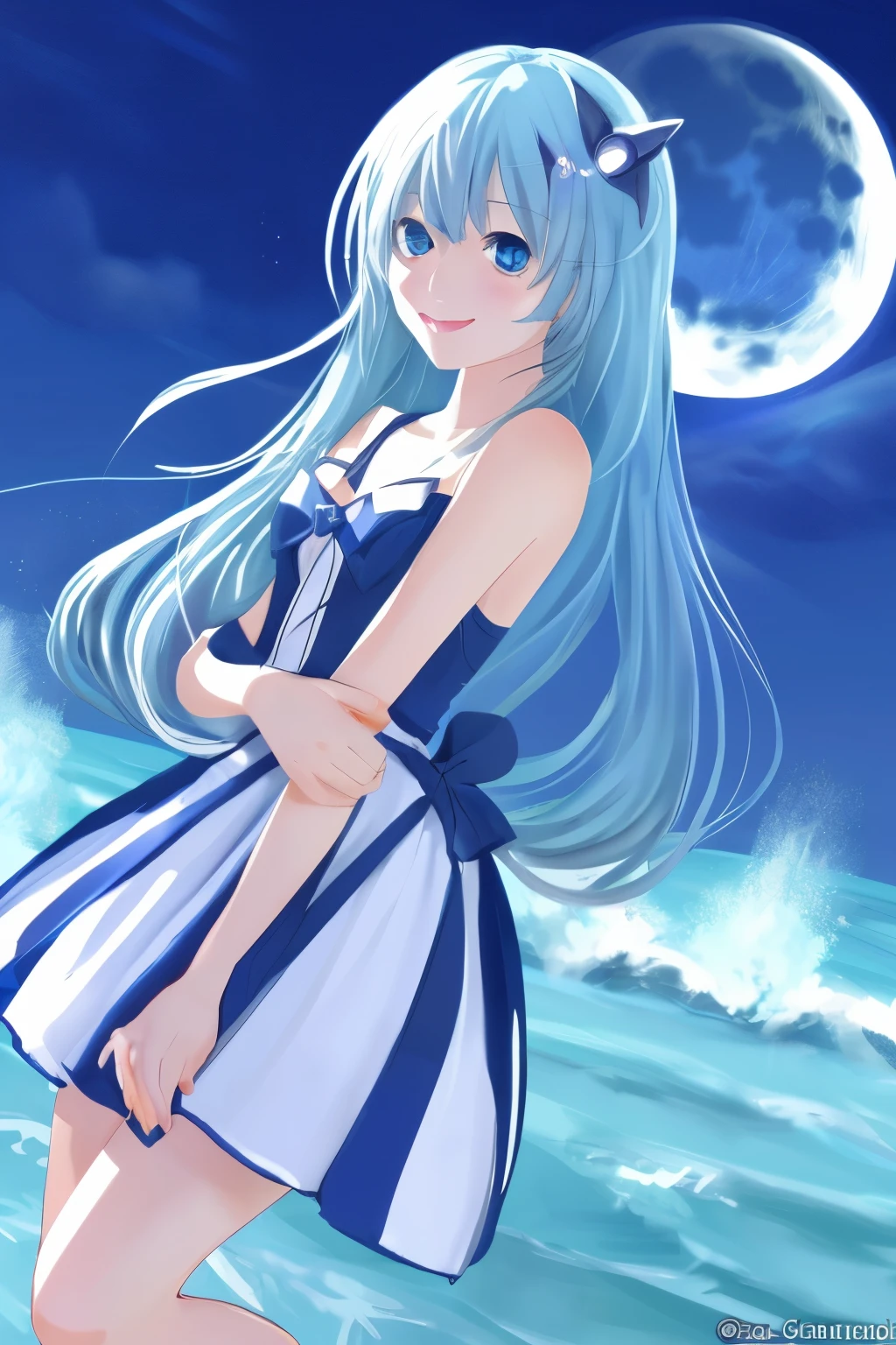 extremely detailed eyes and face perfect anatomy blue girl anime fantasy sea moon full body image eyes smile Rin々Right