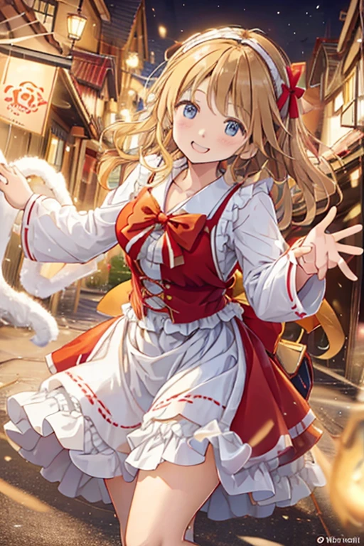 A 12-year-old girl with cute, wavy blonde hair and a big bow, like Alice in Wonderland, is walking with a skip in a red Christmas costume apron dress, holding her skirt with both hands and spreading it open.。White pants are visible。An angle that looks like you&#39;re looking down from below.。Enjoying the city at night in winter。The best smile。SEX。NFSW。