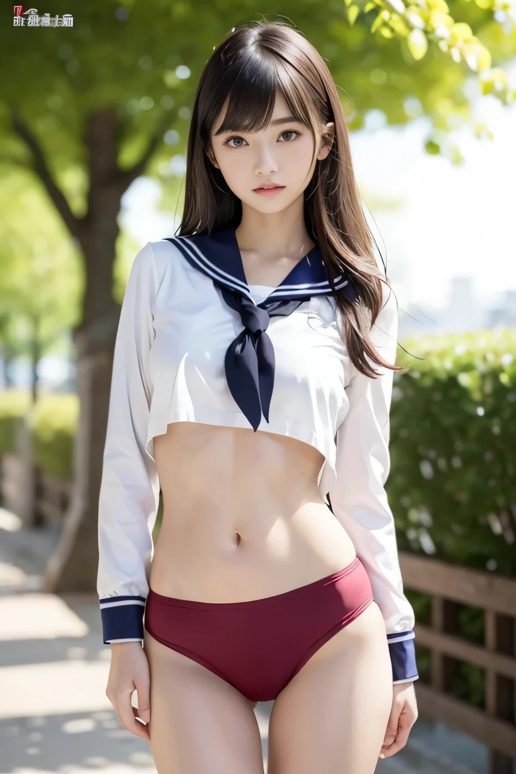 (​masterpiece:1.3), (8K, Photorealsitic, Raw photography, Top image quality: 1.4), japanes, (1girl in), beauitful face, (Lifelike face), Beautiful hairstyle, realisiticな目, Eyes in Beautiful Details, (realisiticな肌), Beautiful skins, enticing, 超hight resolution, 超realisitic, high detailing, the golden ratio, (Detal Face:1.2), see the beholder,masutepiece, Best Quality, Ultra-detailed, finely detail, hight resolution, Composition of the whole body、Open Legs Pose、Bold legs open、Beautiful detailed eyes, fitness wear, Natural Color Lip,Photorealsitic、realisitic、独奏、Photorealsitic、top-quality、extra detailed face、extremely detailed eye and face、beatiful detailed eyes、absurderes、信じられないほどabsurderes、hair messy、Floating hair、Brown hair、Wavy hairstyle、Middle hair、(extremely details CG、8K Picture Wallpaper)、(extremely delicate and beautiful)、(​masterpiece)、(top-quality:1.0)、(超hight resolution:1.0)、beautiful  lighting、perfect lightning bolt、realisiticな影、[hight resolution]、Detailed skin、Ultra-detailed細、detailed faces and eyes、Realistic eyes、Beautiful face with sharp eyes、plein air、Downtown Japan、In the hustle and bustle、blurry backround、shinny skin、Blunt bangs、Red Eye、(Sailor Suit 1.2)、Sailor suits have long sleeves、Super high quality photos, The 8k quality, plein air―, Full body composition, looking in camera, Japan 20-year-old woman, Perfect beauty, Pore-visible texture, Perfect facial features, clear bare skin, clear bare skin, Beautiful toned body, muscular, slender, Poor breasts, Toned buttocks with small breasts、Small weavers at a Japanese school, Seamless design, (((Monochromatic bloomers)))、Seamless bloomers are dark red, tight fitted、Bloomers are elastic fabrics、The length of the bloomer is from the navel３ｃｍThe following degrees, )Legs wide open、、deadpan、(Face turned to the side、)