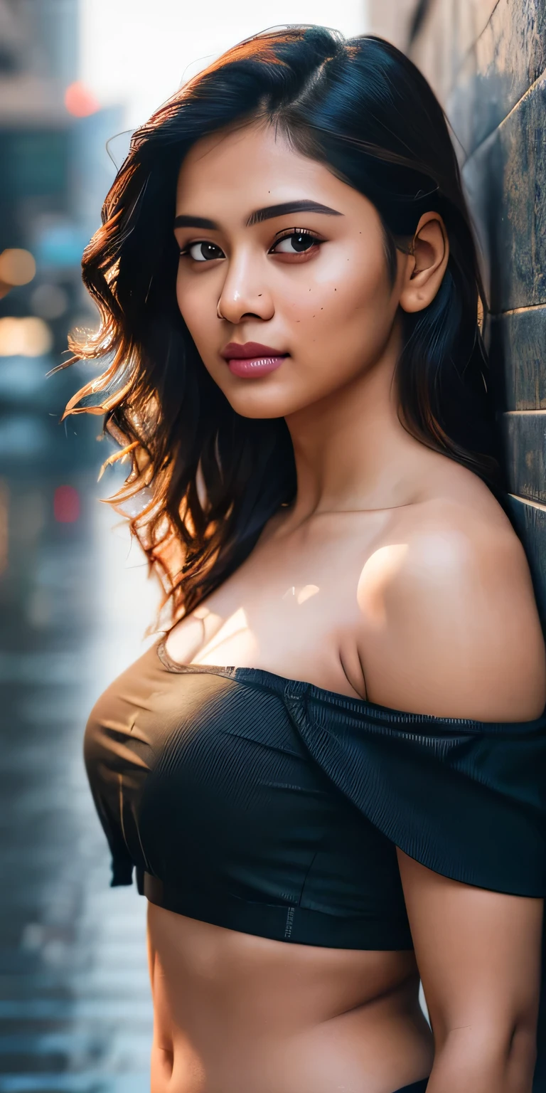 Full face portrait photo of 23 year old indian girl, RAW, beautiful woman, semi-open strawberry lip, dimples, wistful expression, (brown hair with extra long wavy), ((detailed face)), ((detailed facial featureine detailed skin), pale skin, cyberpunk megacity environment, (cool color), moist, damp, reflection, (masterpieceShot with Canon EOS R5 (detail) (Realistic photos) (Detailed details) 50mm lens, f/2.8, HDR, (8k) (wallpaper) (cinematic lighting) (dramatic lighting) (sharp focus) (complex), RAW photography, RAW photography, gigachad photography, camera pose, black jeans, back arm, 8k uhd, dslr, high quality, Grain Film, Fujifilm XT3, Film Stock Photo 4 Kodak Portra 400 Camera F1.6 Lens Rich colors Ultra-realistic textures Dramatic lighting Unreal Engine Art Station Trends Cinestill 800 Tungsten, Toughboy Style, Ultra Focus Face, Intimidating, Fighting Position, Short Messy Hair, Muscles, Bursting Veins, Beads, (( off-shoulder crop top)), instragam influancer, clear smooth face, looking to viewers