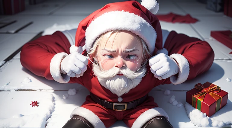 snowfield,Santa Claus crying loudly,Santa Claus full body,Broken gift box,Broken gift boxes all over the floor