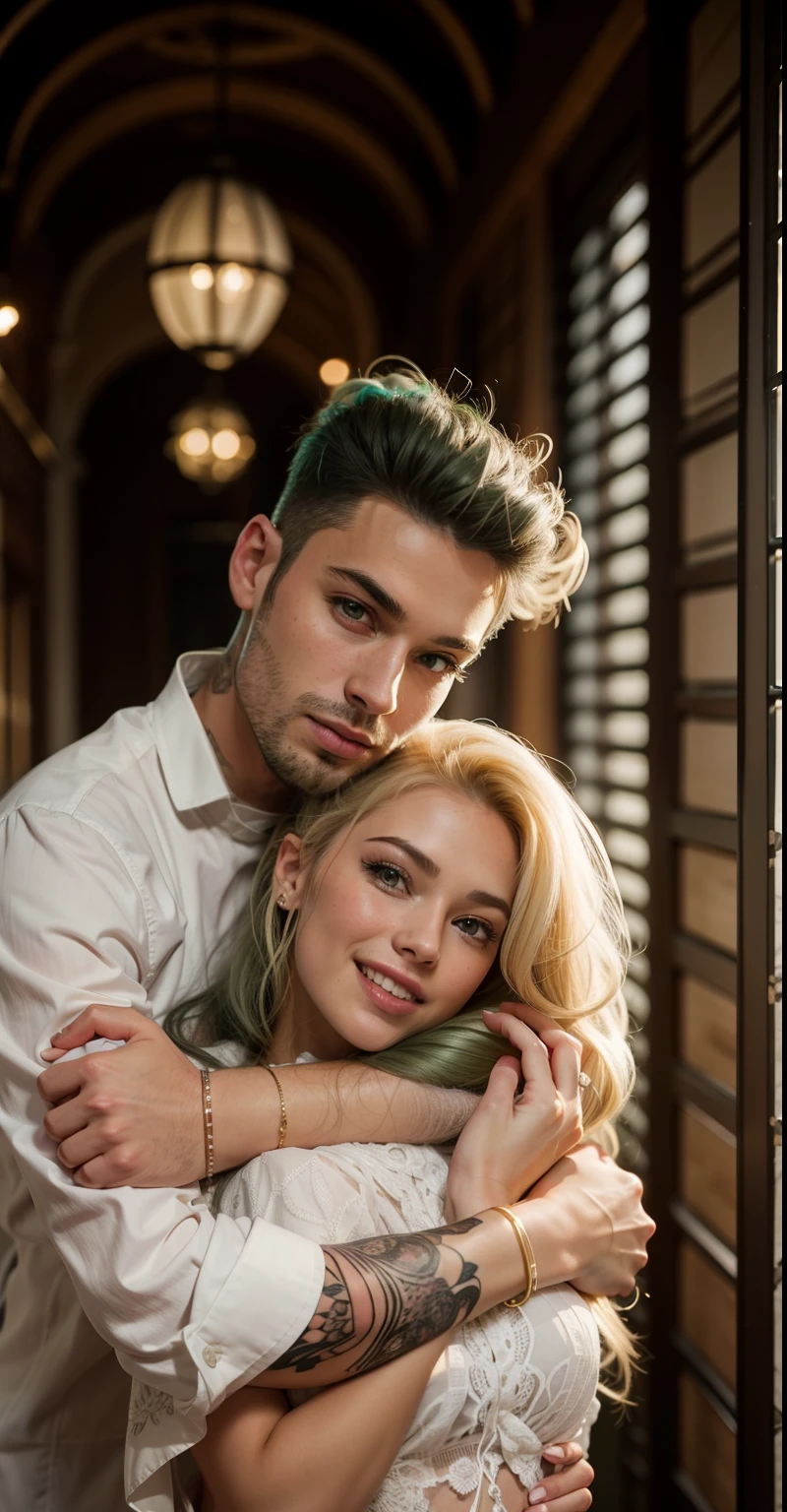 Malaysian tattooed girl, sehr langes, Green, shiny hair with a big topknot, Tragen Sie pastellrote florale Baju Kurung, Smileing, very long white hair, eine goldene Halskette tragen, Vorderansicht, sehr langes, welliges, white hair, Unordentliches Haar, Hair blow-dried, windig, Detail Haut, Altersfleck, Detailliertes Hautbild, Muttermal unter den Augen, kleine Brust, flache Brust, wide hips, schmale Taille, dicke Oberschenkel, Slim abs, beautiful body, Morgen, lachend, happy, Helle Beleuchtung, Menschen im Hintergrund, Portrait