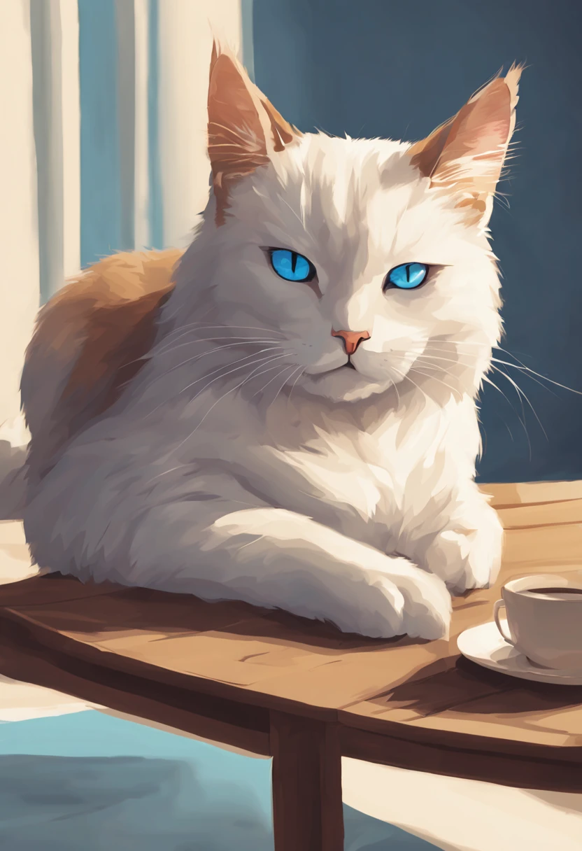 Blue-eyed cat sleeping on table,there is a cat on it,Digital Painting,illustration of a cat on it,Anime Cats,white fur and blue eyes,a cute little catのアニメビジュアル,Digital Illustration Style,No line,a cute little cat,White cat,realistic anime cat,anthropomorphic female cat,(Cat,sepia,Systemic –V,4-S750)