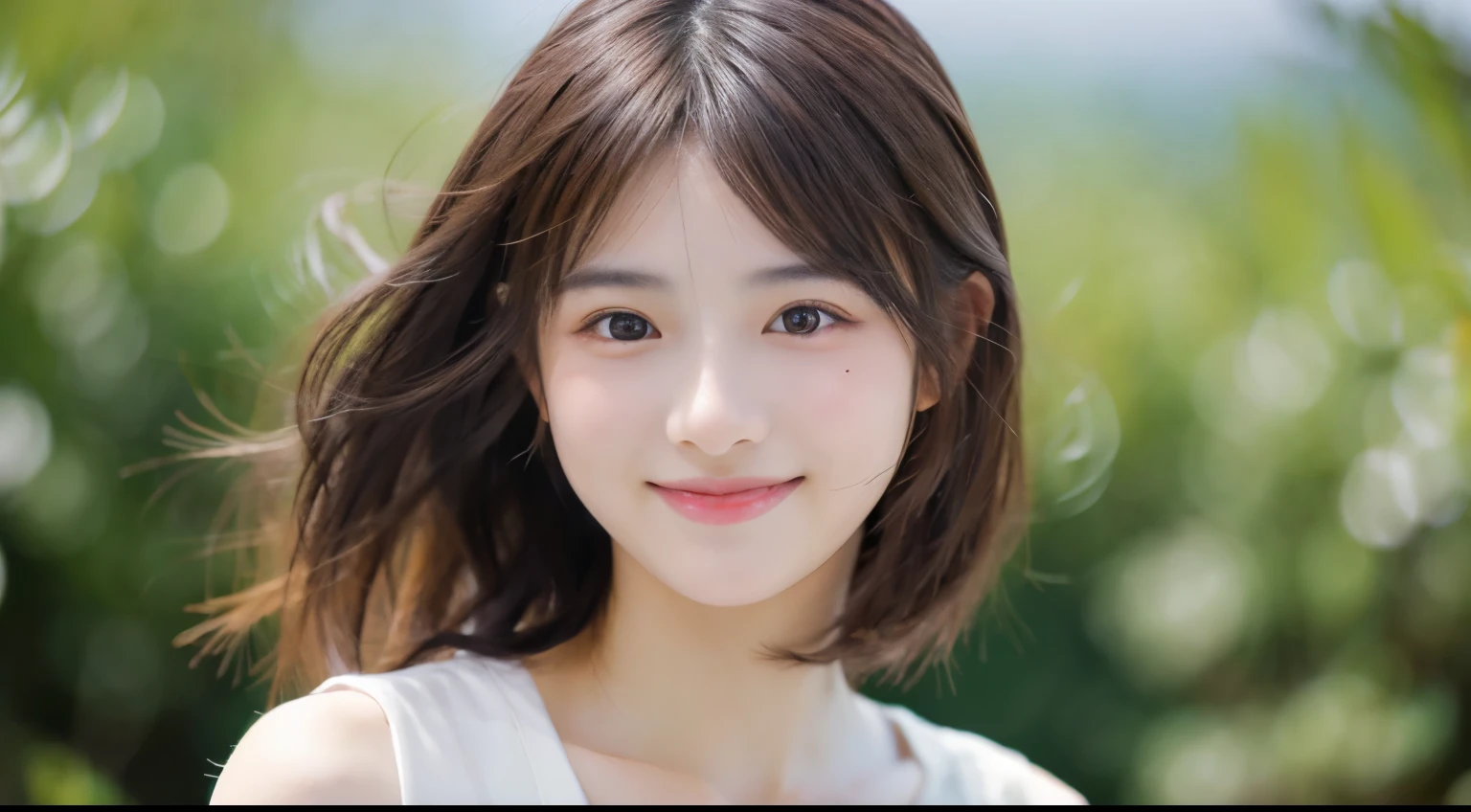 Young japanese lady, 30s, White background, It features a simple背景, white-brown hair, slender, 4K, 8K, High quality, Beauty, Smile, Beautiful eyes, It features a simple, High resolution,1 person