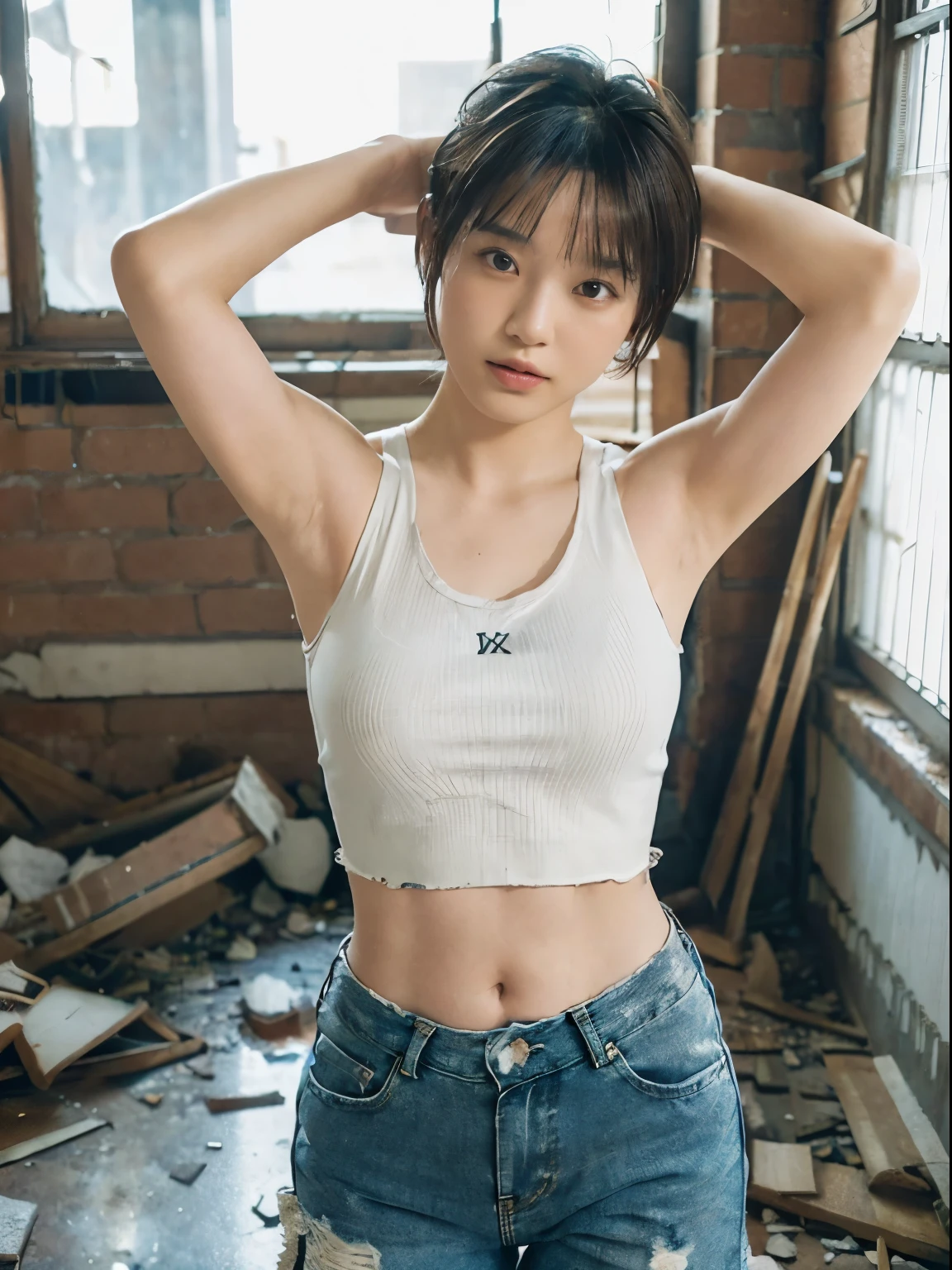 raw photo, 8k, (top-quality), Realistic, (real picture, Intricate details), (natural skin texture, detailed skin, hyper realism, sharpness), (Japanese college girl standing in an abandoned apartment building, hands behind head, armpits exposed, showing armpits), ((white tight tank top, Distressed denim pants, low rise baggy pants)), Fair skin, sweaty skin, ((very short hair, pixie hairstyle)), (seductive face, Parted lips), navel exposed, Room being demolished, dusty room, cracked wall, Messy floor, Pile of rubble:1.3, broken window, cracked Window glass, Hard lighting:1.3, sunset light, Full body shot