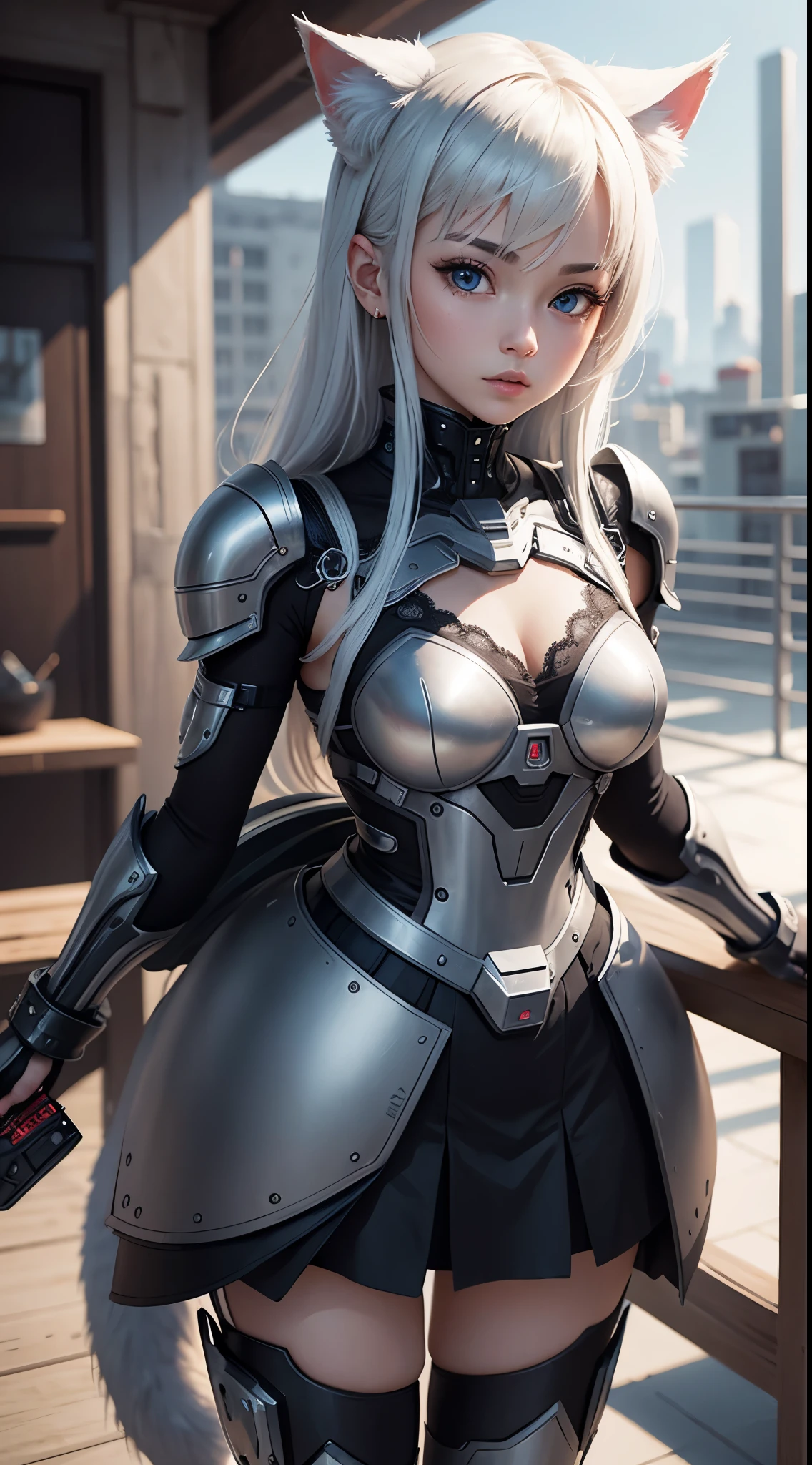 1 mechanical lady、((super realistic details))、portlate、Global Illumination、Shadow、Octane render、8 k、ultra-sharp、metals、Details of complex ornaments、cool color、French details、Precise details with open half frame Inner Frame Frame very complex detail、Realistic light、cgsoation trends、shining eyes、facing the camera、neon detailechanical limbs、blood vessels, connected to tubular vertebrae, attached to the back、mechanical attachment of the cervix to the neck、sitting on、wires and cables, connecting to the head Super high resolution Monoeye glows red
