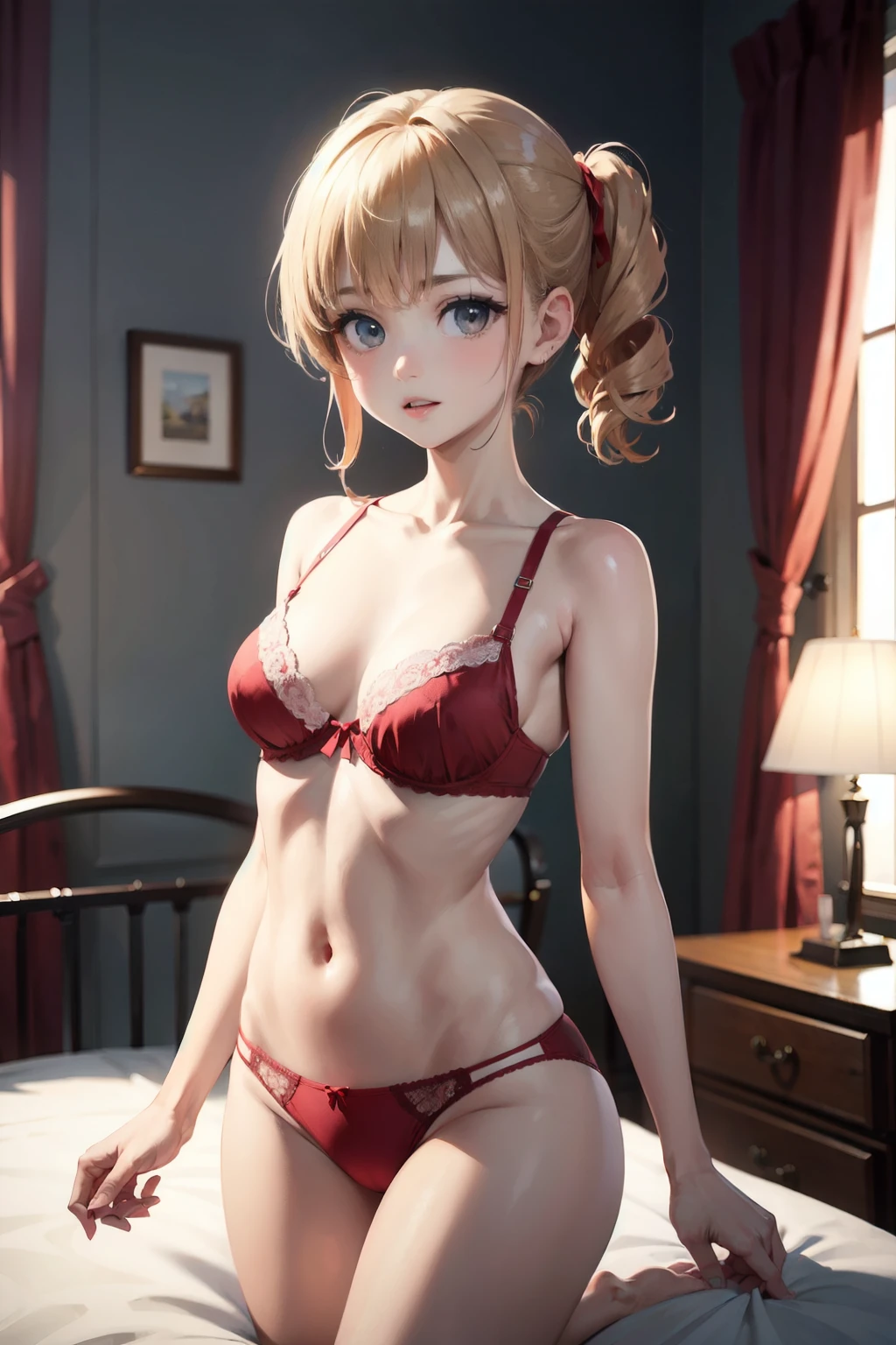 top-quality、lighting like a movie、sister 1、Sister's room、wear red bra and red panties、small tits、Small body、tiny chest、Slender Line、
