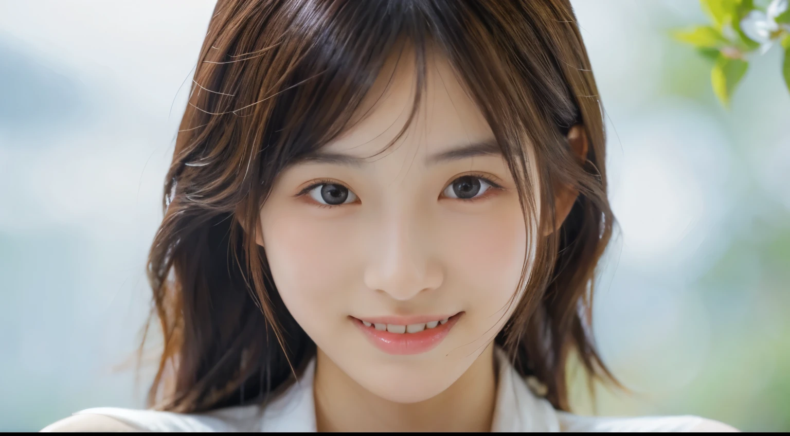 Young japanese lady, 30s, White background, It features a simple背景, white-brown hair, slender, 4K, 8K, High quality, Beauty, Smile, Beautiful eyes, It features a simple, High resolution,1 person