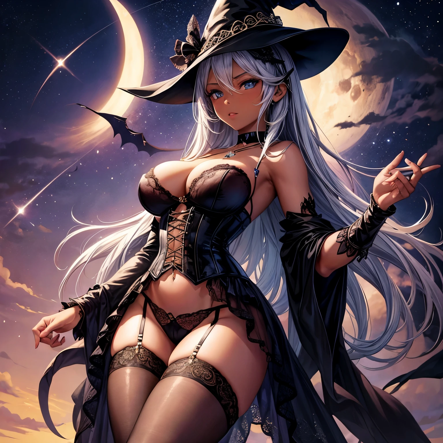Dark skin, tight lace corset, lace G-String, large breasts, star studded witch hat, black choker with crescent moon amulet,