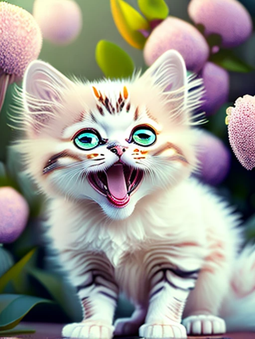 Very cute furry white tropical punk kitten, big eyes, flowers, bushes, full body, open mouth, laugh, professional light, depth of field 8k, golden magic moment, professional photography, octane rendering, super realistic - amazing sunlight, dynamic composition, photography, sharp focus, background bokeh, open mouth, laugh !!!