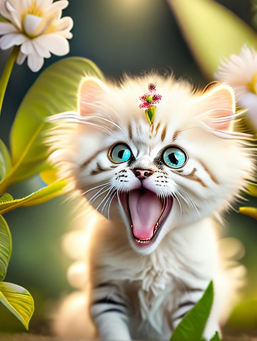 Very cute furry white tropical punk kitten, big eyes, flowers, bushes, full body, open mouth, laugh, professional light, depth of field 8k, golden magic moment, professional photography, octane rendering, super realistic - amazing sunlight, dynamic composition, photography, sharp focus, background bokeh, open mouth, laugh !!!