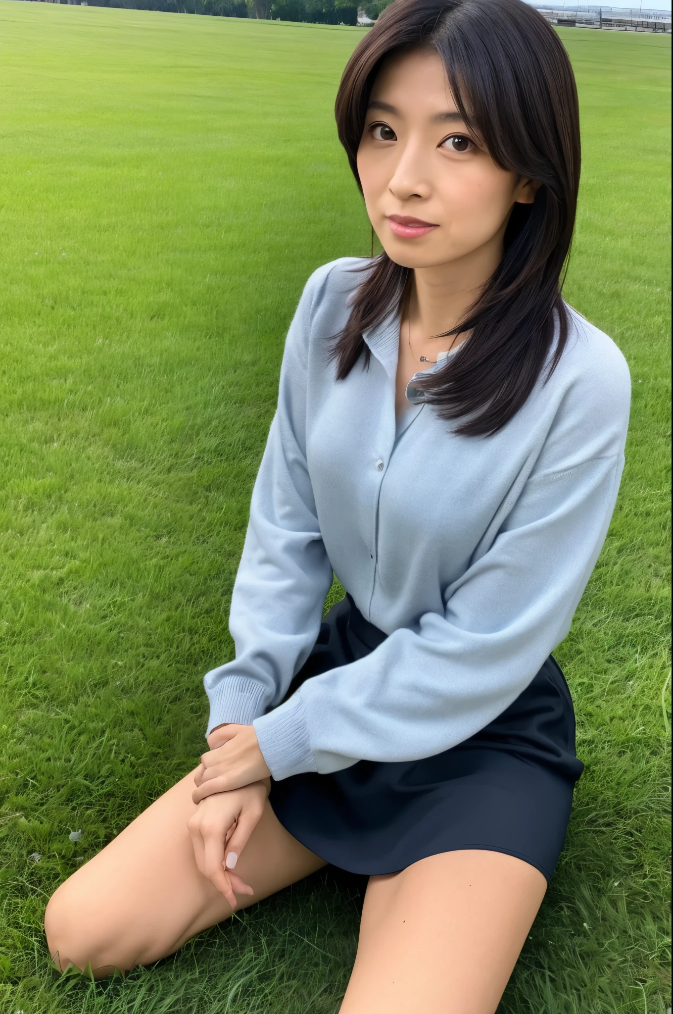 (High reality photograph, high resolusion, detailed face, detailed eyes), Japanese lady, 40 years old, various face expression, solo:1, skinny figure, medium breasts, emphasizing very thin waist, various hair style, Shirt, tight skirt, sitting on the grass in a park, full-body photo, alone in a photo