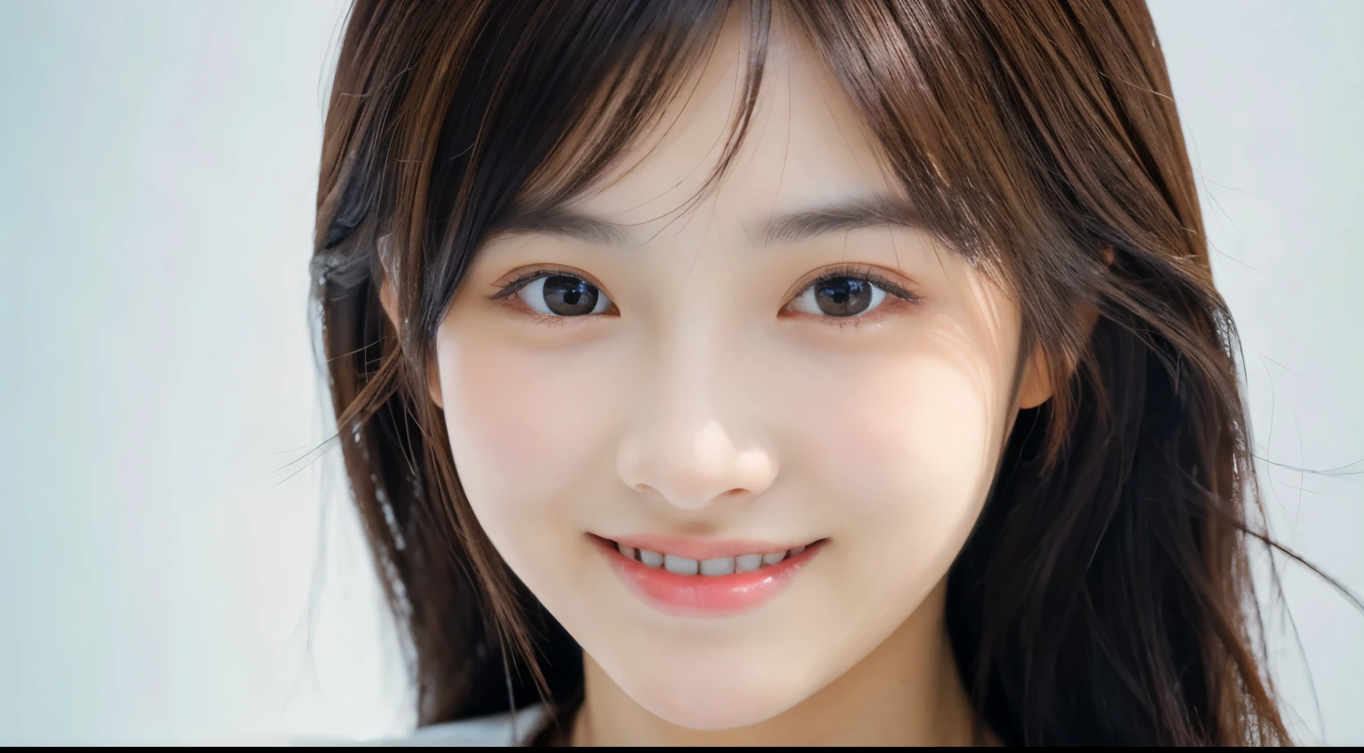 Young japanese lady, 30s, White background, It features a simple背景, white-brown hair, slender, 4K, 8K, High quality, Beauty, Smile, Beautiful eyes, It features a simple, High resolution,1 person