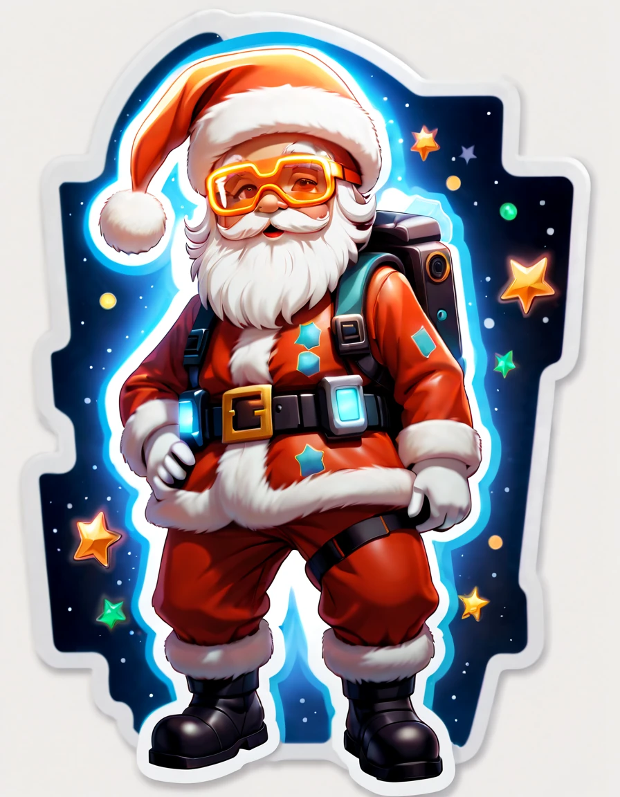 (((Stickers, Sticker)))，（Full body photo），1 transparent cute Santa Claus，Transparent mech，Exquisite Christmas hat，Luminous goggles，cyber punk personage，Dreamy glow，(((white border frame，Sticker，a sticker)))，Orange background