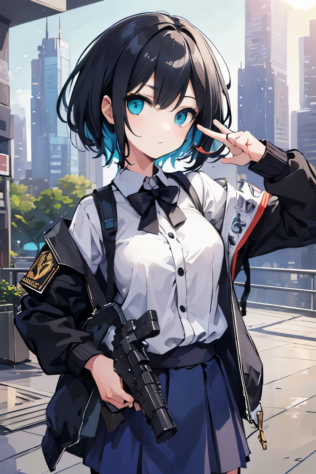 (masutepiece:1.2, Best Quality, Top Quality, Lens Flare, Depth of Field,), (Close Up: 1.3), (Wide Shot, Fisheye: 0.85), Face Focus, [1 girl in, expressioness, (Turquoise eyes:1.3),jet-black hair, Half shorthair,White jacket,Take off your jacket, Blouse with Open Chest, breast, ] , (Holding a Weapon, Holding a pistol, Aiming, Aiming:1.2), gun, firing, city, street, road sign, skyscraper,