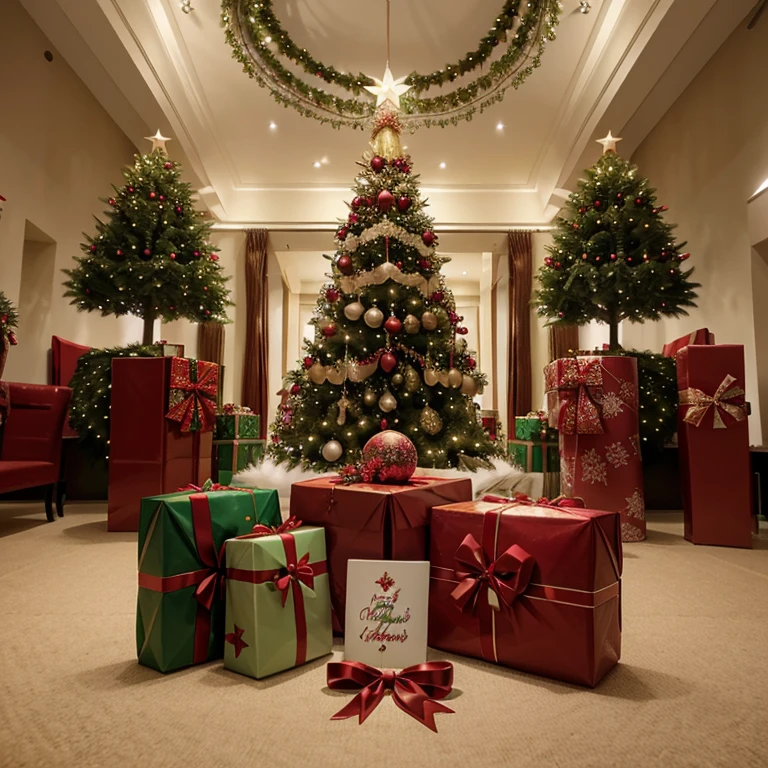 Christmas card with lavishly decorated Christmas tree and gifts, (with Christmas greetings "We wish you a Merry Christmas ")