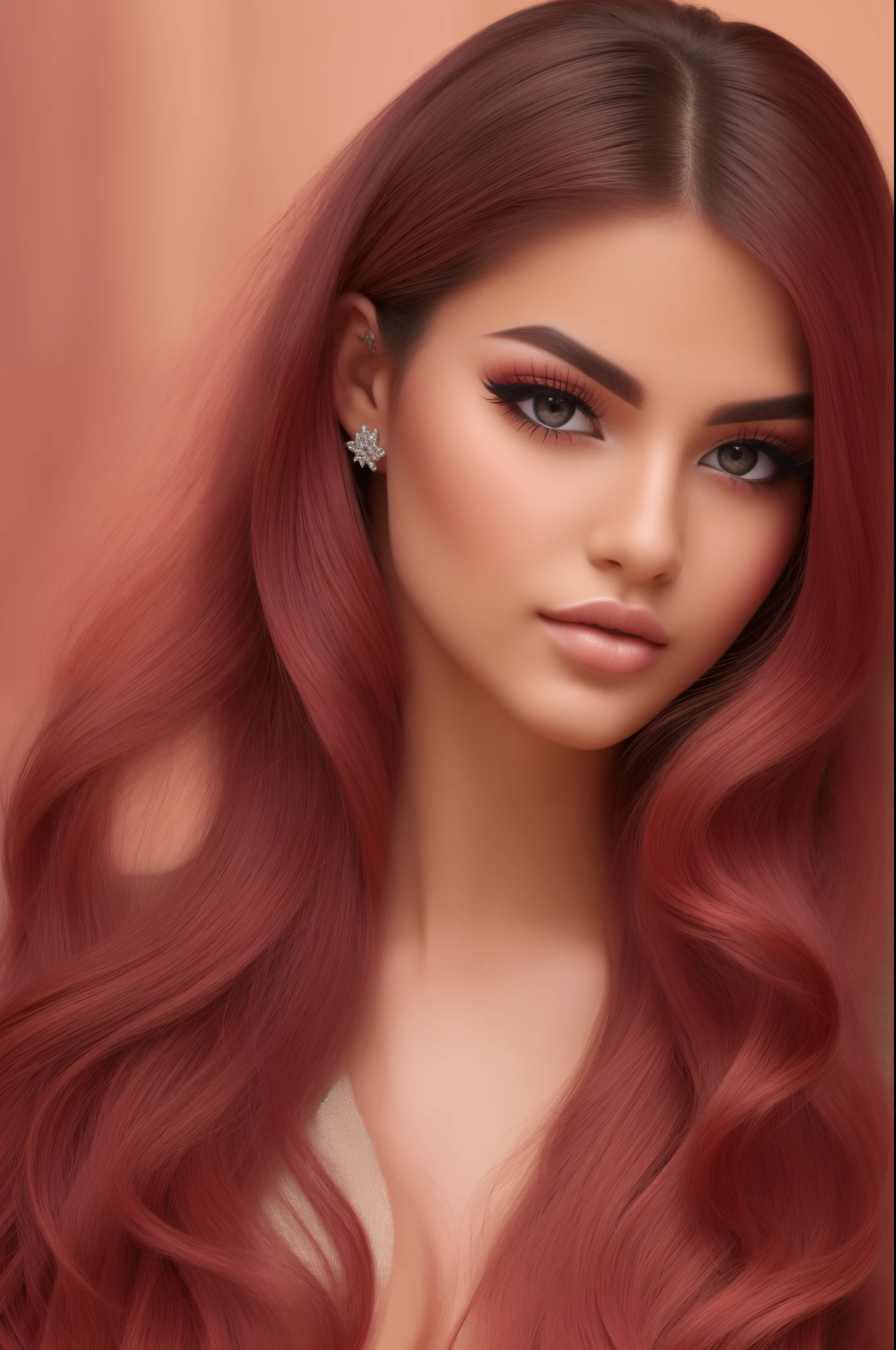 beautiful exotic woman, Hispanic decent, big almond shaped jade colored eyes, long eyelashes, flawless skin, plump perfect lips, long wavy fusia colored hair, seed 5001 --auto --s2
