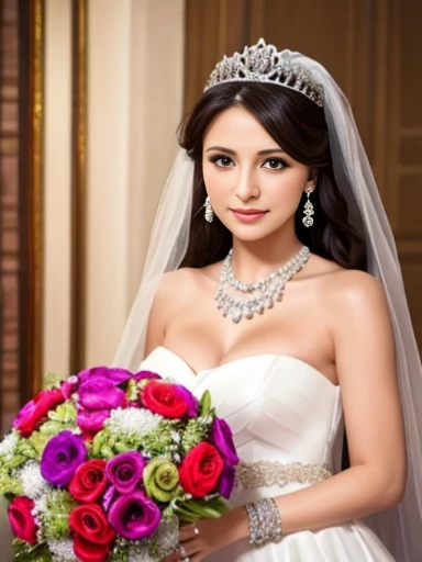 Lebanese lady, earrings, naked, necklace, bracelets, diamonds, 40 years old, strapless wedding dress, tiara and veil, bouquet, portrait, western style wedding, bright colors