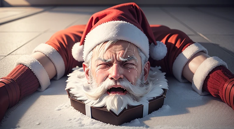 snowfield,Santa Claus crying loudly,Santa Claus full body,Broken gift box,Broken gift boxes all over the floor