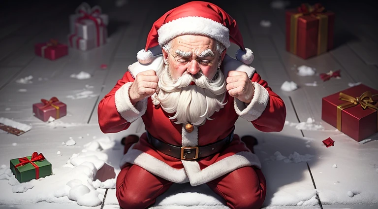Highly detailed, Impressionistic style painting, the distinct form of a jubilant Donald Trump donning Santa's attire with a generous white beard, wearing vibrant red gloves, holding aloft a Christmas present, his posture frontal and captivating, North Pole dramatically reconstructed in the backdrop, artfully captured in 8k, ultra-realistic, detailed to the maximum accuracy.