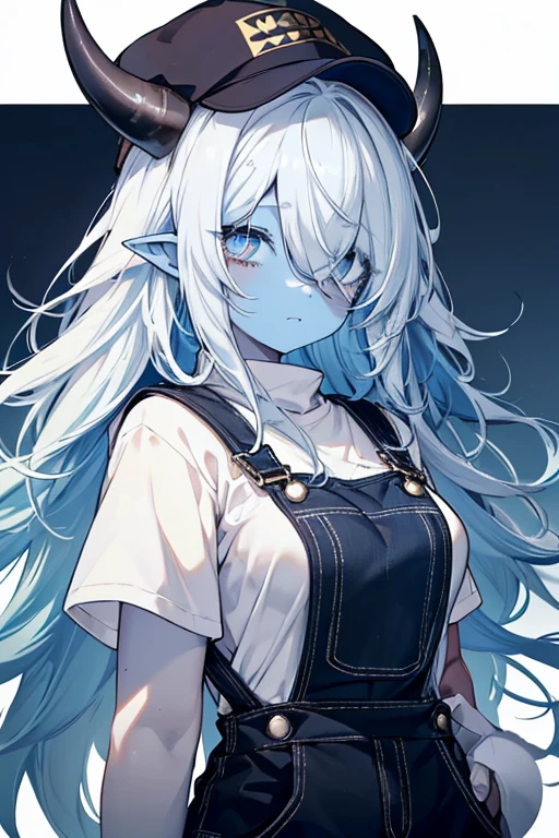 1girl, big black horns, medium breasts, (pointy ears), medium long hair, white hair, (messy hair), (no eyes), ((((hair over eyes)))), ((only overalls)), ((((blue skin)))), (black cap)