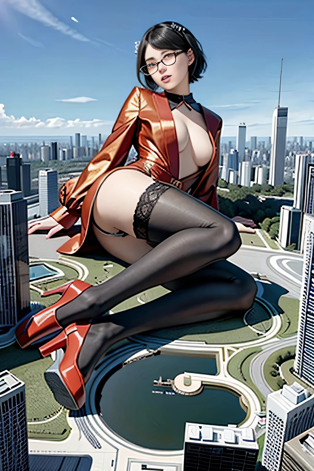 Multiple girls, der riese art, 非常に詳細なder rieseショット, der riese, Shorthair, Giant woman bigger than a skyscraper, Wearing rimless glasses, Colossal tits, Big ass, Red Santa Dresses, Black pantyhose, Her shoes are high heels and stiletto red sandals., very small metropolis, Trying to destroy a miniature metropolis, Full body depiction, nffsw, giga der riese, der riese, Black pantyhose, Stomping City,crash city,Small town,micro city,