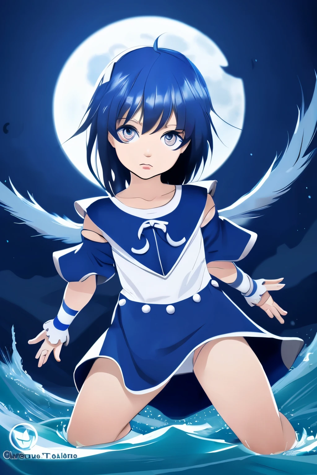 extremely detailed eyes and face perfect anatomy blue  face anime fantasy sea moon full body image eyes shine Rin々Right