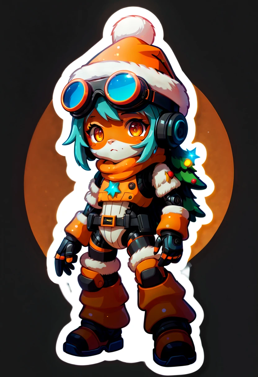 (((Stickers, Sticker))),(Full body photo),1 transparent and cute Christmas tree,Transparent mech,Exquisite Christmas hat,Luminous goggles,cyber punk personage,Dreamy glow,(((Sticker,a sticker))),Orange background
