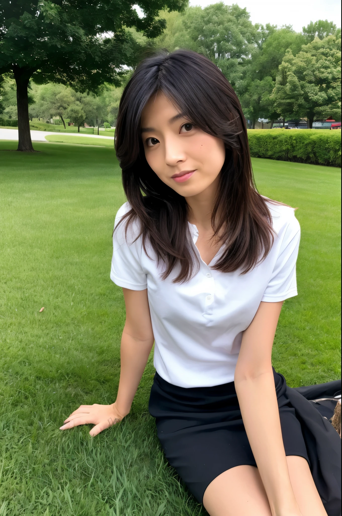 (High reality photograph, high resolusion, detailed face, detailed eyes), Japanese lady, 40 years old, various face expression, solo:1, skinny figure, medium breasts, emphasizing very thin waist, various hair style, Shirt, tight skirt, sitting on the grass in a park, full-body photo, alone in a photo