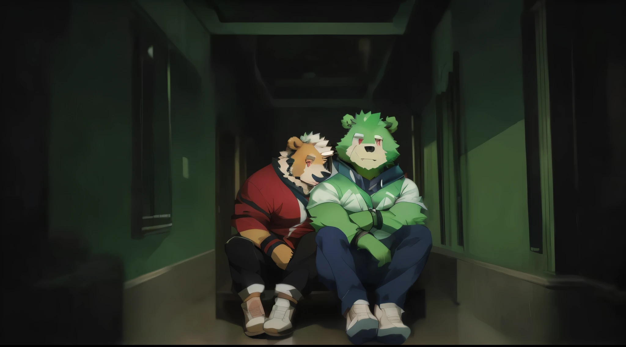(jinpei), anthro ((bear)), furry, bear, green fur, green hair, beard, male, white eyebrows, red eyes, masterpiece, ((Best quality)), character focus solo, handsome, middle-aged, mature, muscle body, sexy, dilf, full body,anime characters sitting in a hallway with a green wall, two buddies sitting in a room, today's featured anime still, still from tv anime, official anime still, furry anime, anime still, still from anime, from cryptid academia, by Kamisaka Sekka, krenz cushart and asher duran, in the anime film, official studio anime still