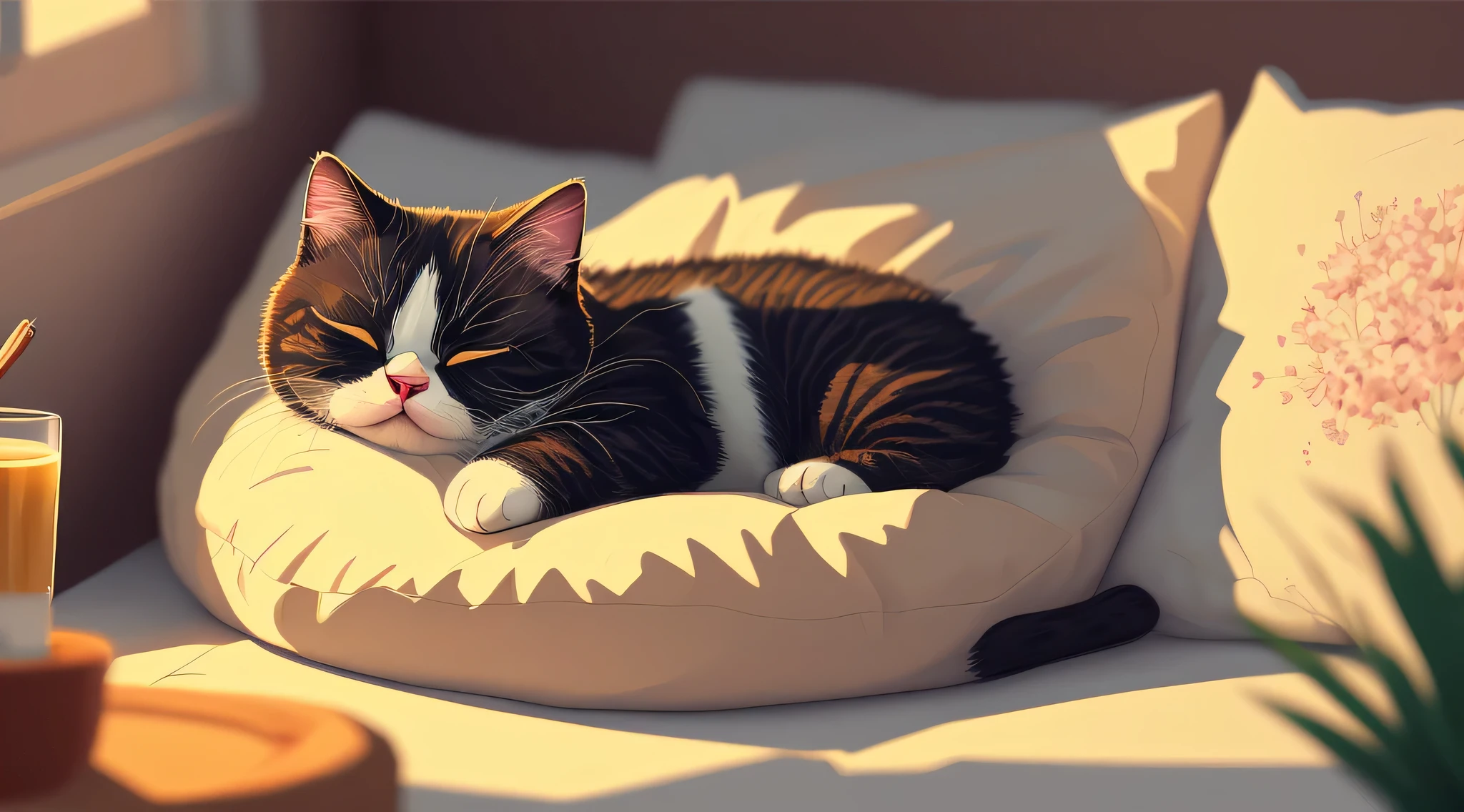 (masterpiece, best illustration, no humans), 1 fat cute cat sleeping, comfy, highly detailed, 4k, 8k, pixel,pixel art,
