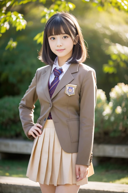 (((masterpiece))), (One beautiful Japan girl, classmates, landscape and innocence,kawaii) ,超A high resolution, Realistic, ultra-detailliert, 8K,top-quality, Extremely detailed, Detailed background,A slender,very beautiful japanese girl, Detailed face:1.3), (Boyish short-haired,A dark-haired :1.4), (a baby face,kawaii系,adorable 14 year old girl), (Perfect body:1.1), (Brown blazer, Light brown pleated mini skirt), A charming expression,Super Detailed Face、Detailed lips、A detailed eye、small gravure idol,Transparent skin、Lori,Japanese high school uniform with the school emblem on the chest,Carrying a backpack,Photorealsitic, 8k full-length portraits, Mito, Winters, 背景にMito駅