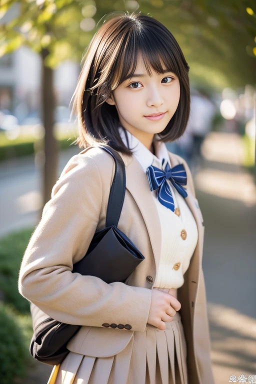 (((masterpiece))), (One beautiful Japan girl, classmates, landscape and innocence,kawaii) ,超A high resolution, Realistic, ultra-detailliert, 8K,top-quality, Extremely detailed, Detailed background,A slender,very beautiful japanese girl, Detailed face:1.3), (Boyish short-haired,A dark-haired :1.4), (a baby face,kawaii系,adorable 14 year old girl), (Perfect body:1.1), (Brown blazer, Light brown pleated mini skirt), A charming expression,Super Detailed Face、Detailed lips、A detailed eye、small gravure idol,Transparent skin、Lori,Japanese high school uniform with the school emblem on the chest,Carrying a backpack,Photorealsitic, 8k full-length portraits, Mito, Winters, 背景にMito駅