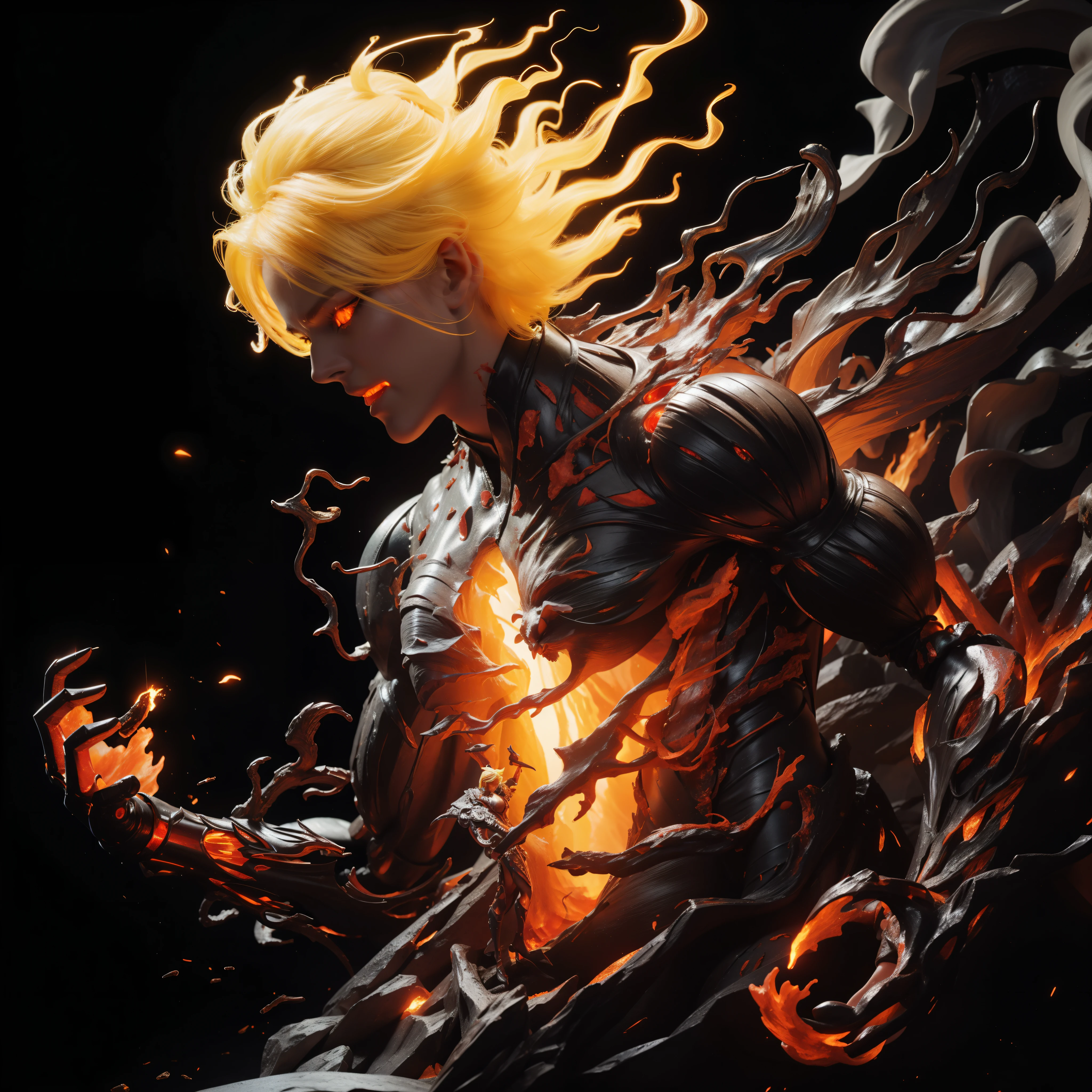 illustration fire, smoke and fog effect of Devil boss, yellow hair, intricately sculpted and delicate, hollow inside, ethereal lights within, black and red, glossy, action figure pose, full body, fire burn with a fog effect, super detail, high octane, 4k render, 3D HD